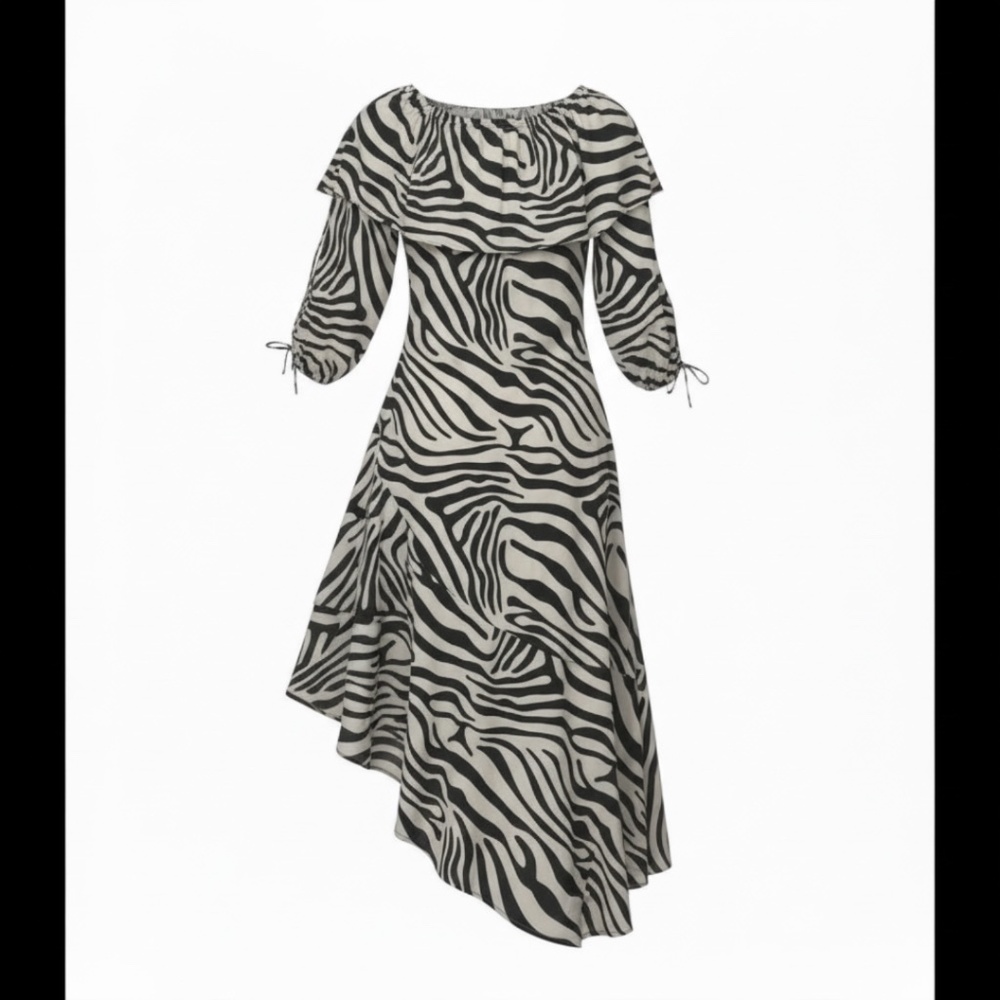 S.DEER Zebra Print Off-Shoulder Maxi Dress, Flowy, Ruffle Sleeves Chic -NWT - Picture 4 of 4